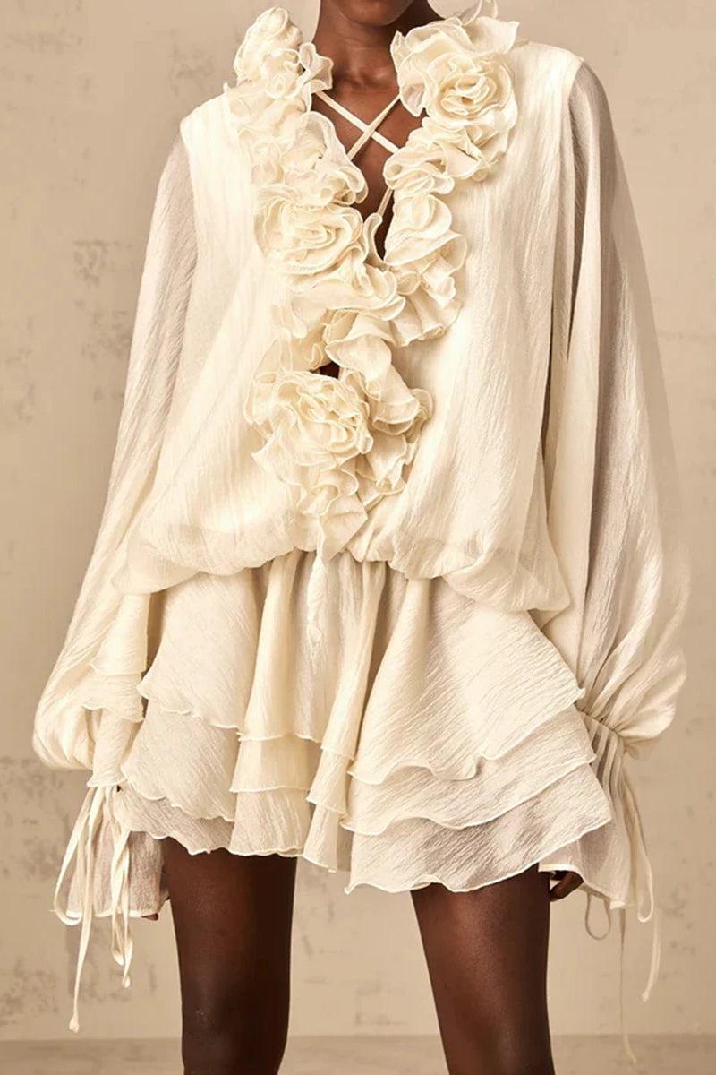 Floral Appliqué V-Neck Long Sleeve Tiered Mini Dress 17