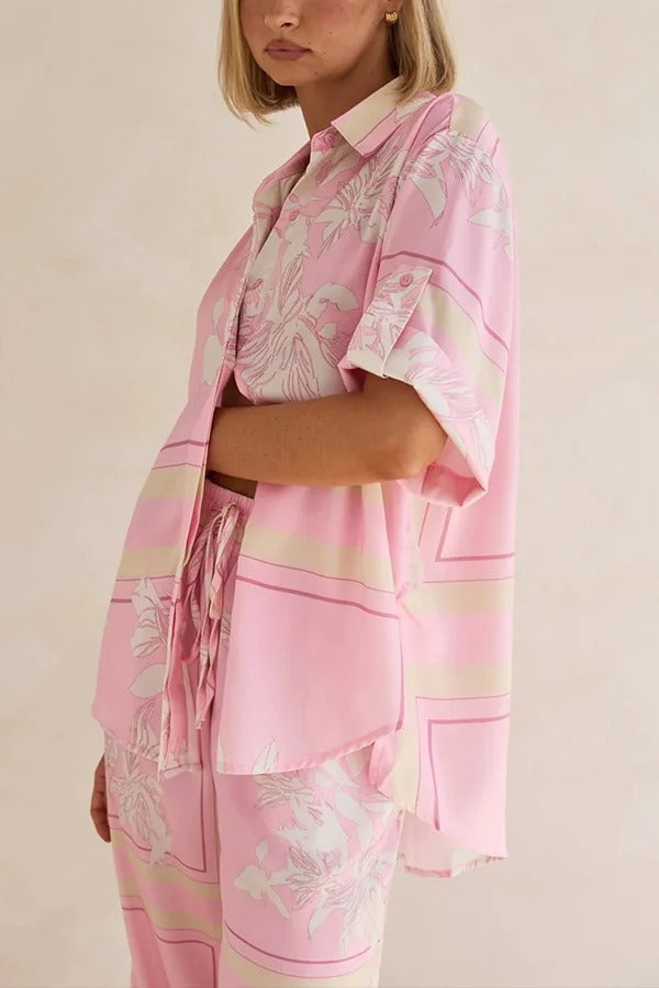 Fashionable Plant Print Loose Lapel Short Sleeve Shirt and Casual Elastic Waist Pocket Pants Set - Fashionpara