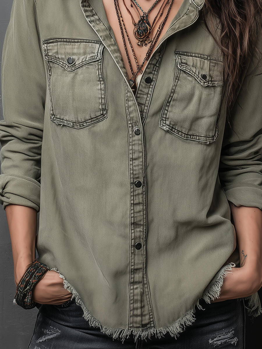 Vintage Pockets Long Sleeve Washed Blouse - Fashionpara