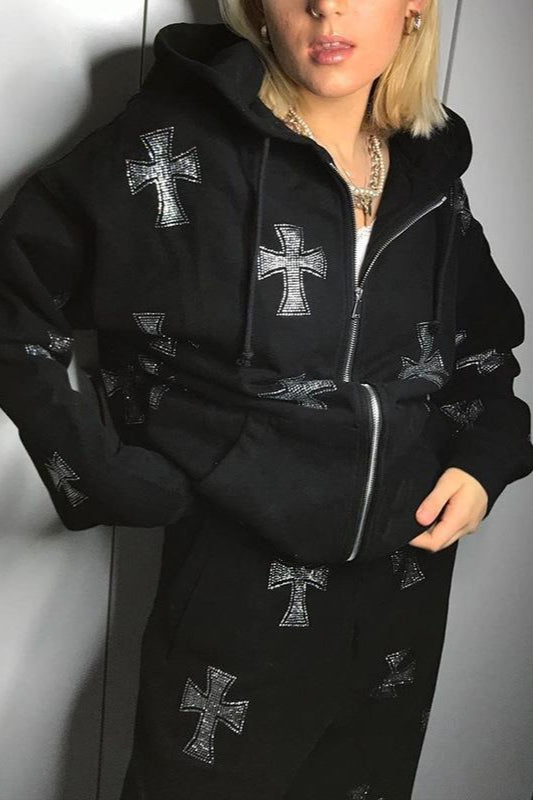 Loose Diamond Sleeve Zip Hoodie