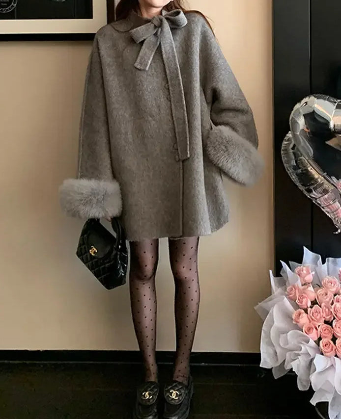 Loose Fit Woolen Cloak Tweed Overcoat