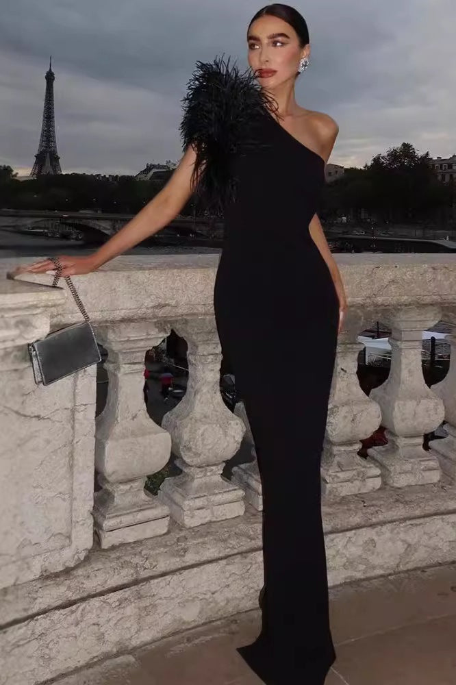 One Shoulder Feather Trim Bodycon Maxi Party Gown