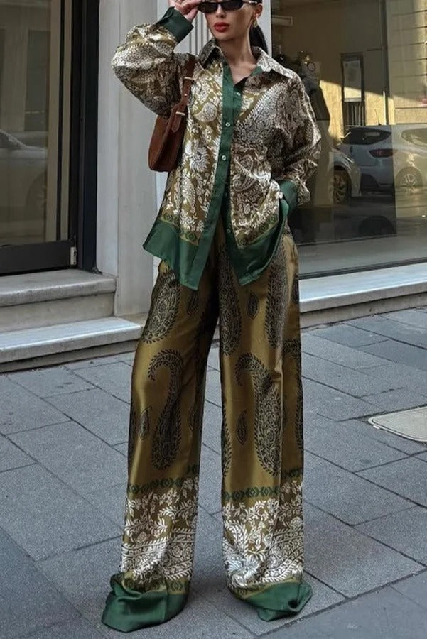 Naya Satin Contrast Color Paisley Long Sleeve Shirt and Elastic Waist Pocketed Pants Set - Fashionpara