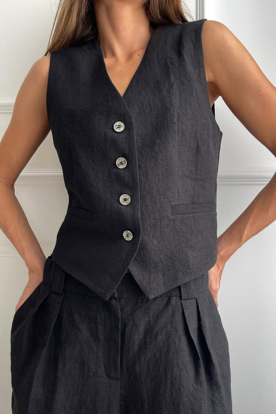 Button Vest Relaxed Low Rise Pants Set