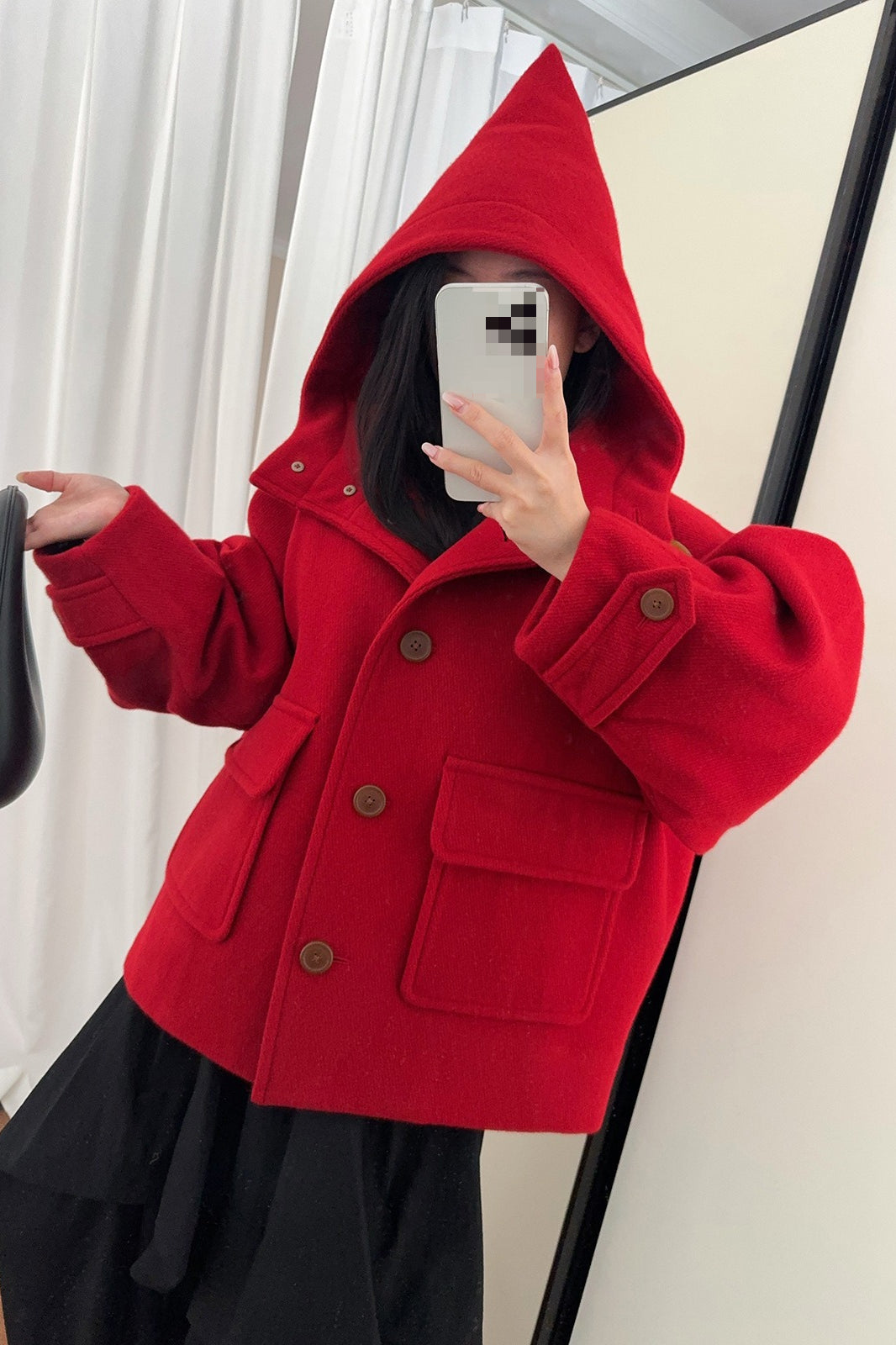 Solid Pointed Hood Button Chic Coat