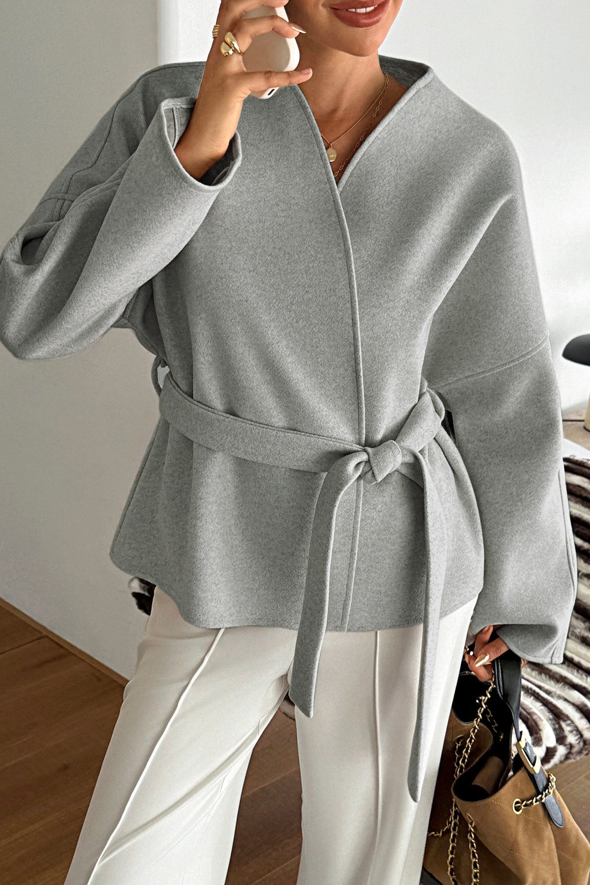 Vacation Tie Front Long Sleeve Coat - Fashionpara