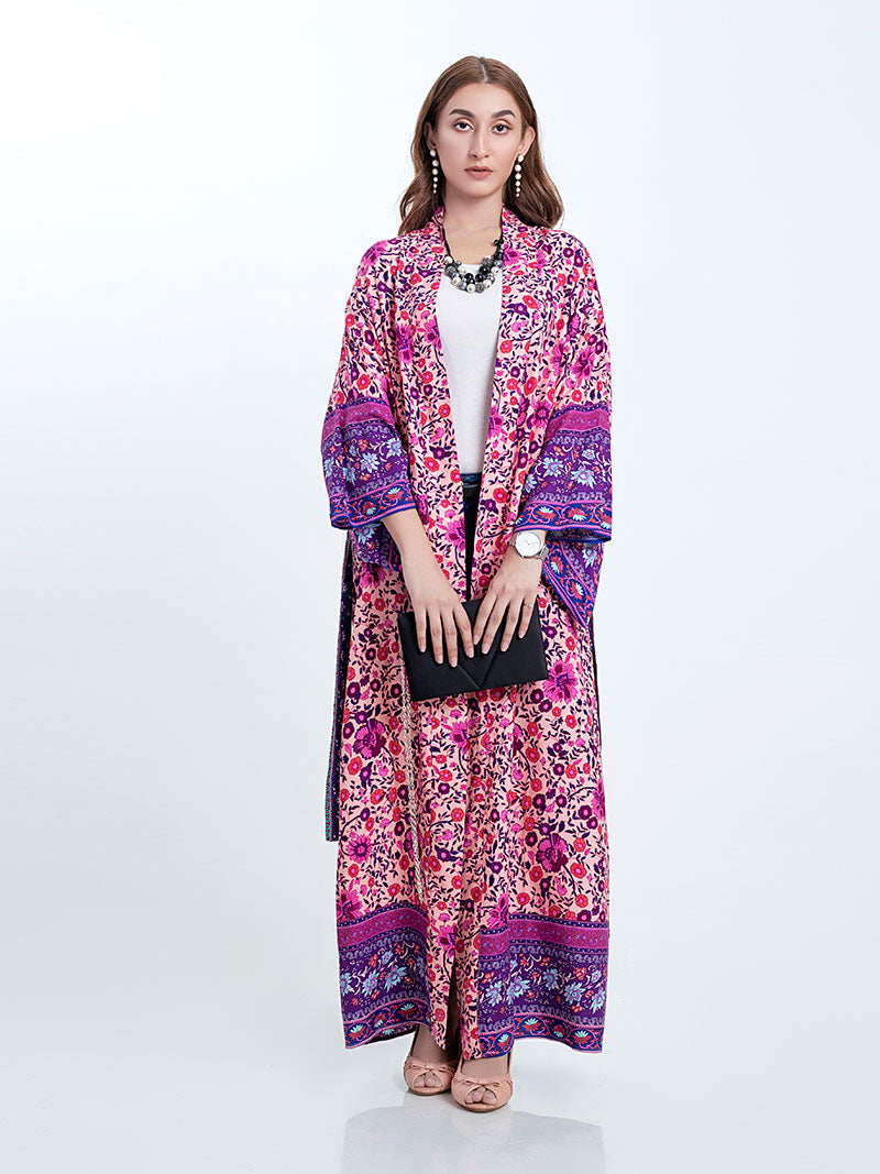 Bridal Wear Long Length Floral Print Purple Color Cotton Gown Kimono Robe - Fashionpara