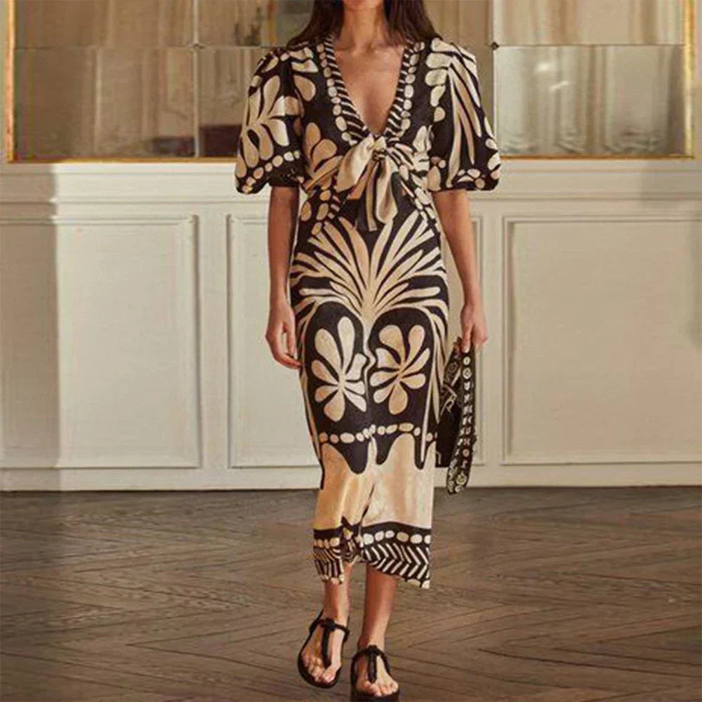 Deep V-Neck Puff Sleeve Tie Front Summer Midi Dress