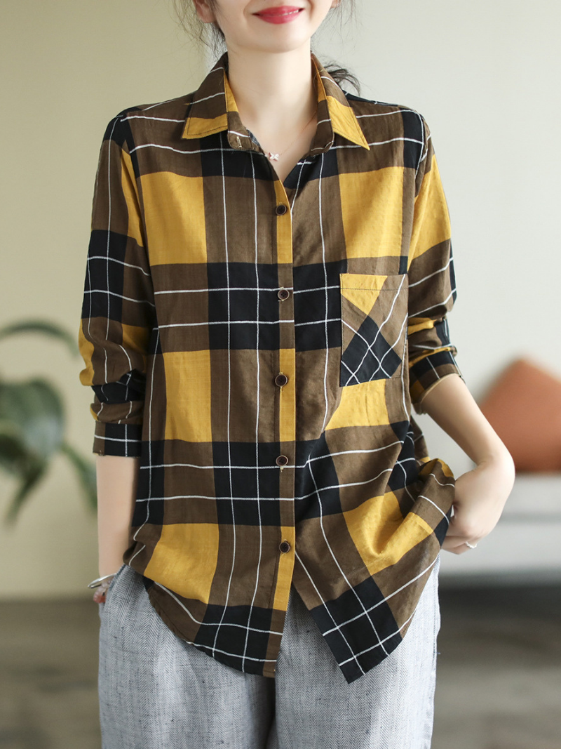 Long Sleeve Stylish Lapel Plaid Loose Causal Shirt Dress - Fashionpara