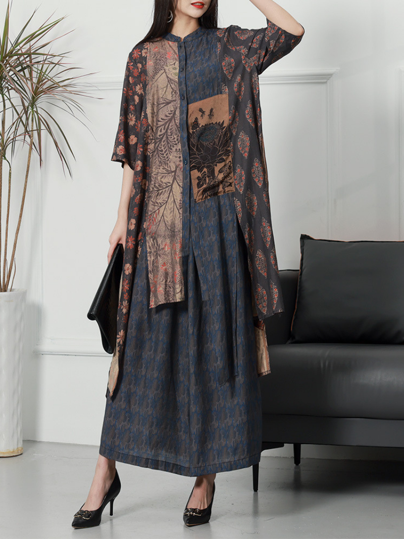 Floral Print Stand Collar Button-Down Batwing Maxi Dress