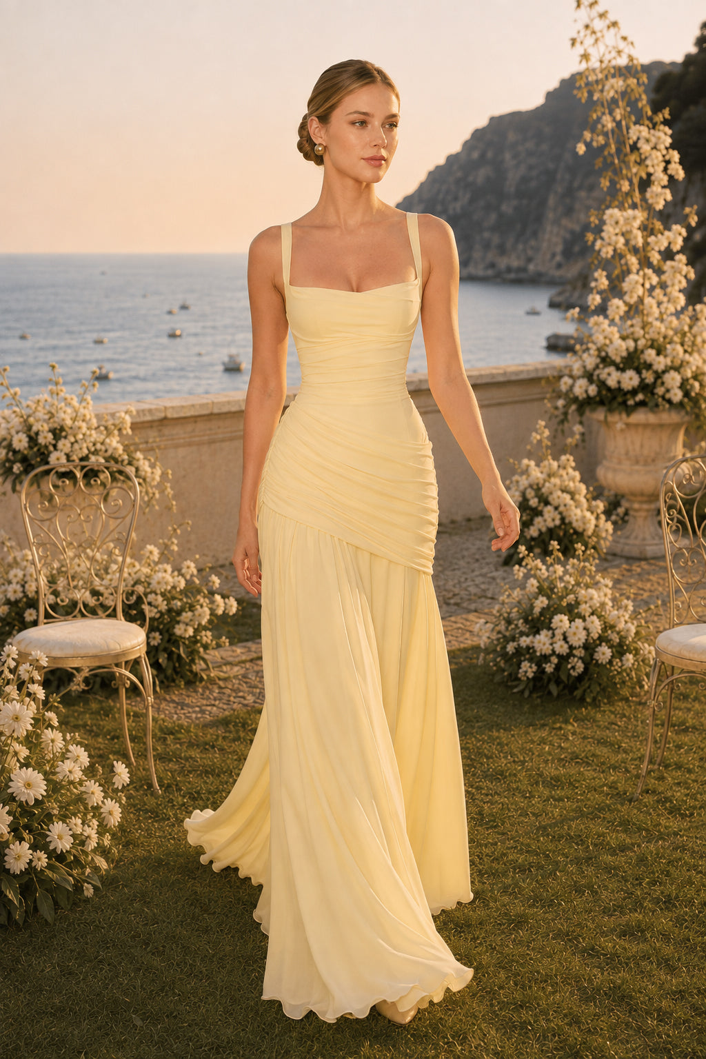 Chiffon Square Neck Ruched Maxi Gown 2