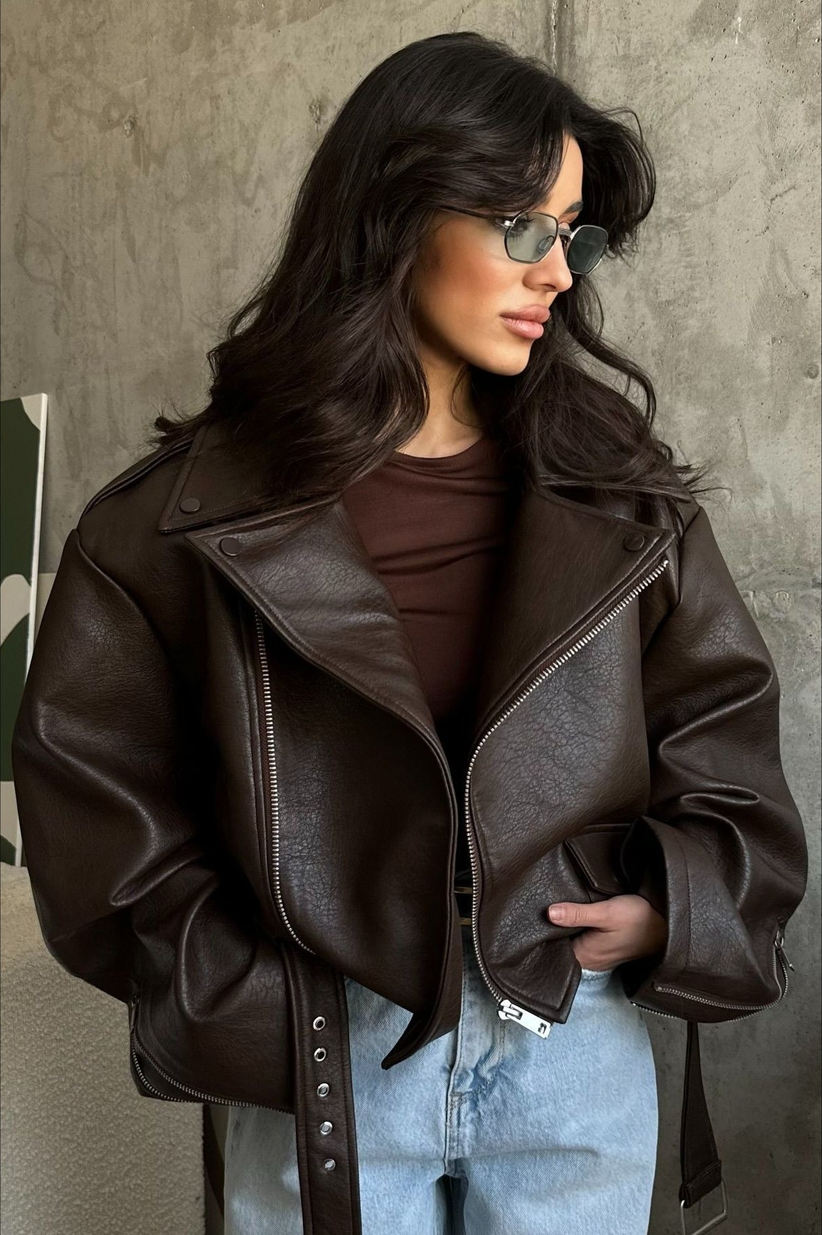 Elegant Retro Belted Biker Leather Jacket