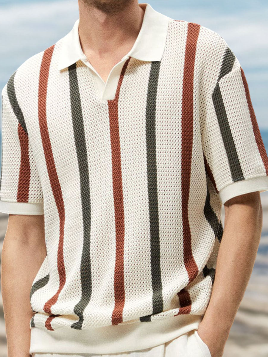 Uniqshe Men's Casual Hollow Stripe Colorblock Polo Sweater