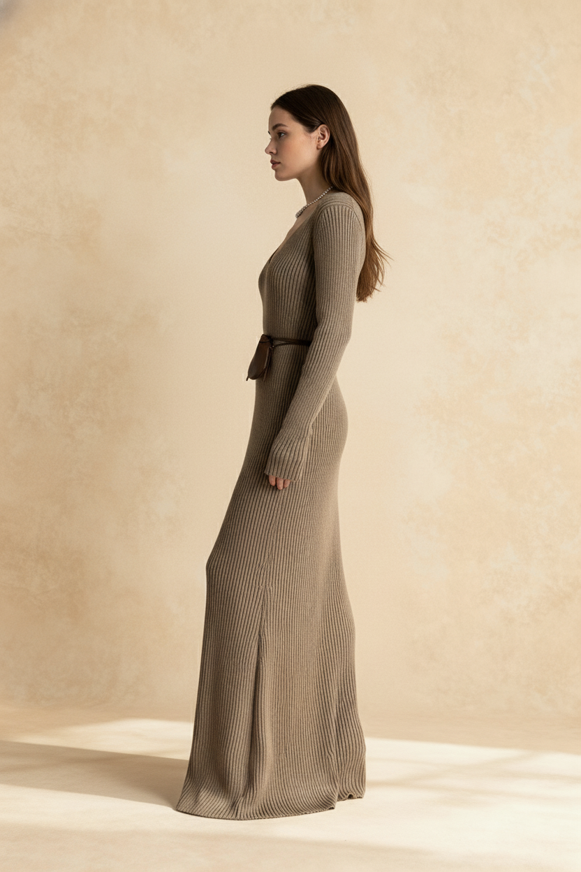 V-Neck Long Sleeve Knit Sweater Dress