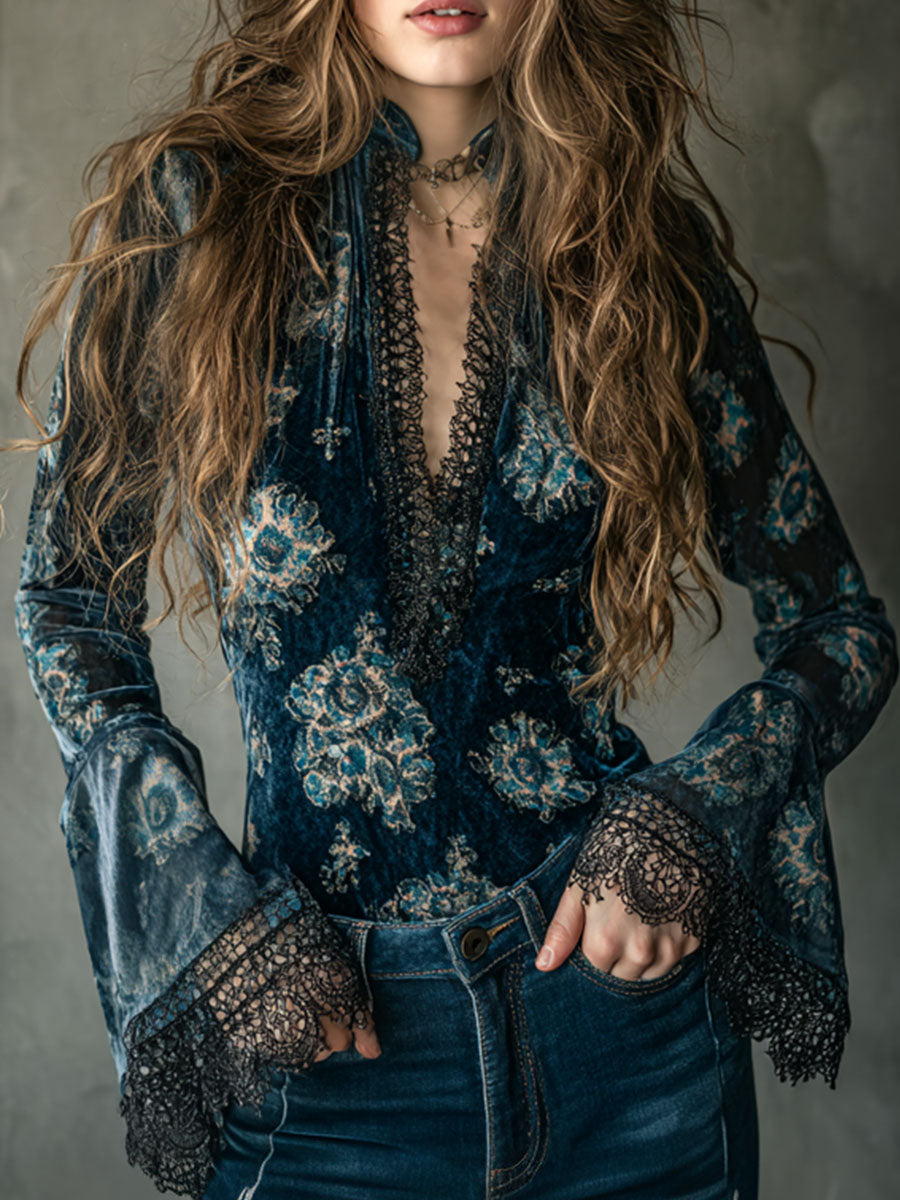 Retro Blue Floral Velvet Lace Blouse With Bell Sleeves - Fashionpara
