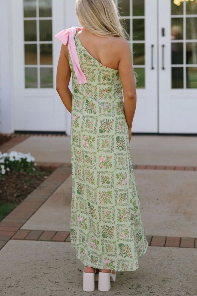 Garden Atmosphere Floral Print One Shoulder Pink Bow Loose Maxi Dress - Fashionpara