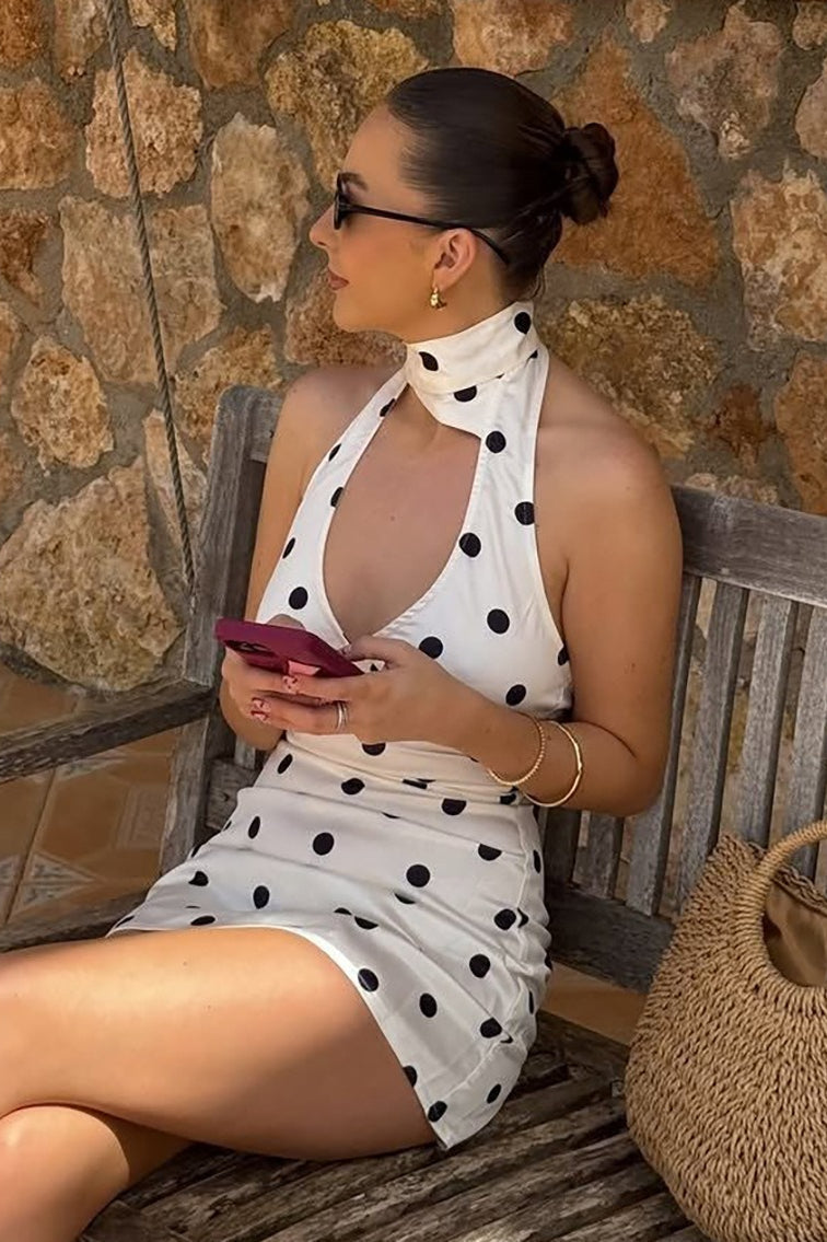 Polka Dot Halter Neck Keyhole Ruched Mini Dress