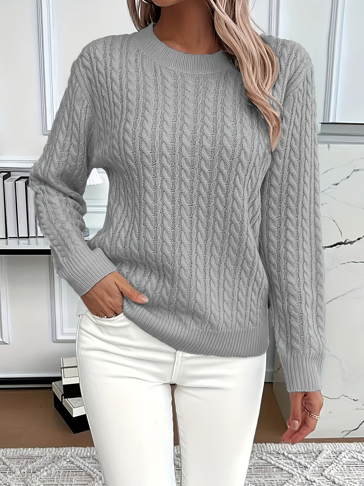 Crew Neck Long Sleeve Cable Knit Sweater 4