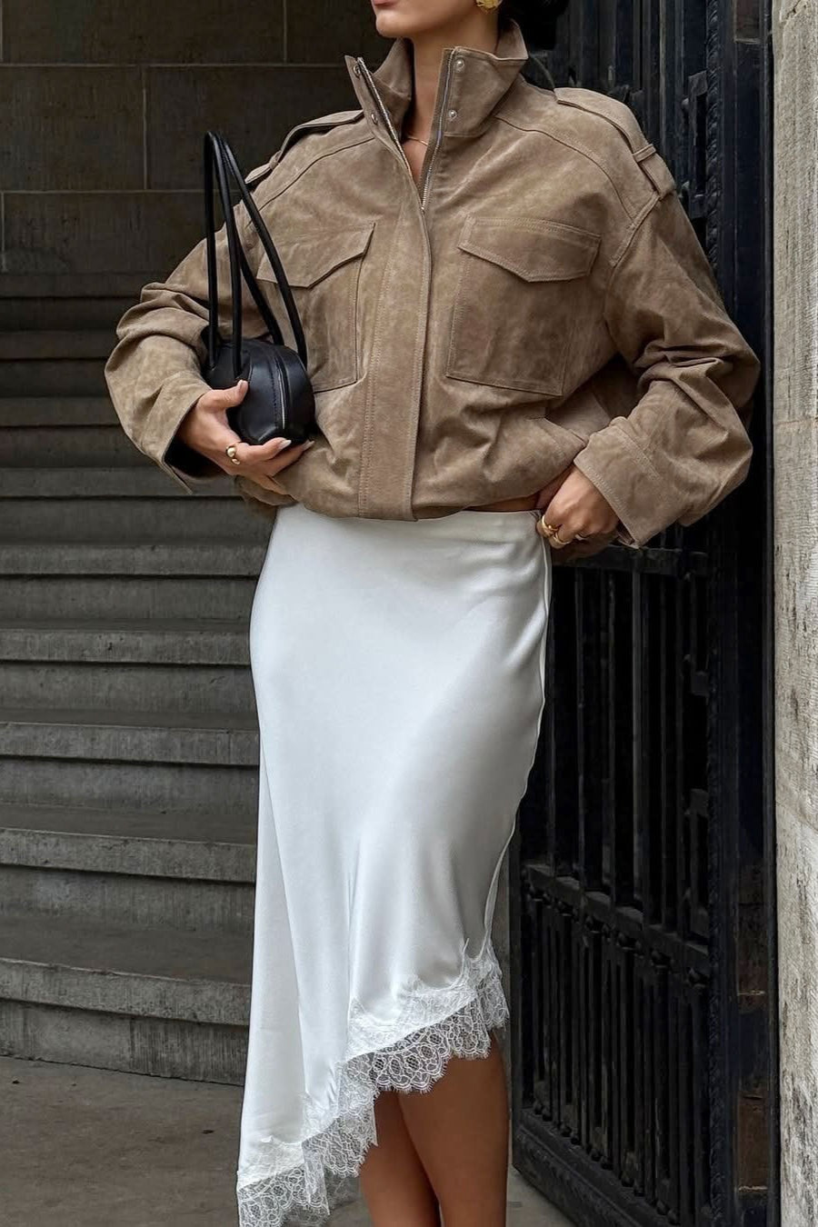 Asymmetric Lace-Hem Satin Midi Skirt