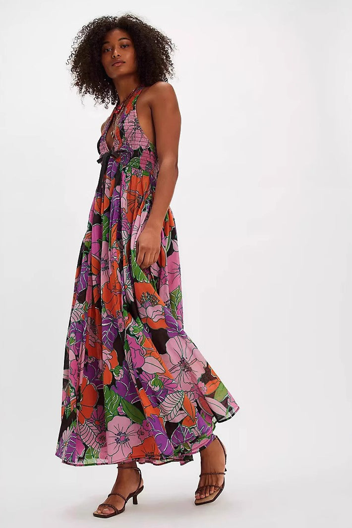 Floral Print Halter Plunge Smocked Bodice Dress