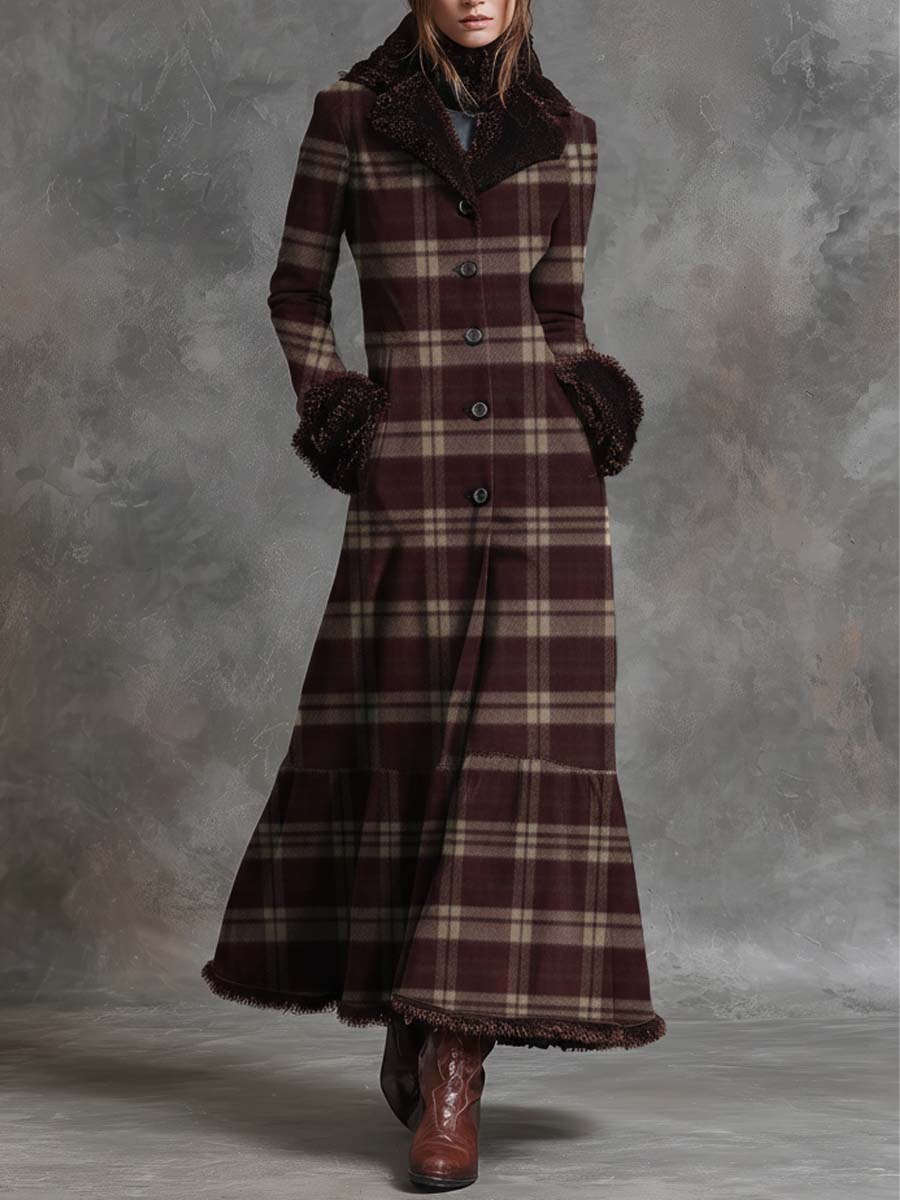 Classic Angolan Red Plaid Maxi Coat Dress