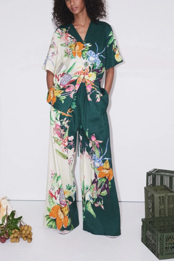 Island Linen Blend Unique Print Short Sleeve Loose Shirt and Elastic Waist Pocket Pants Set - Fashionpara