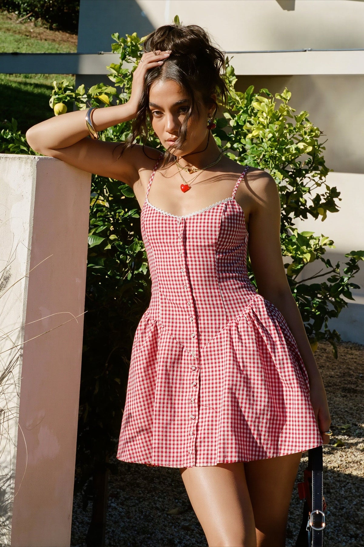 Gingham Sweetheart Neck Drop-Waist Mini Dress