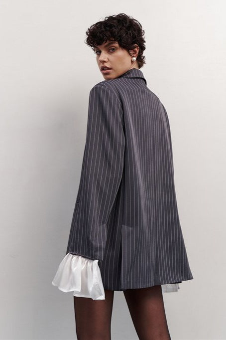 Striped Lace Ruffle Oversized Coat - Fashionpara