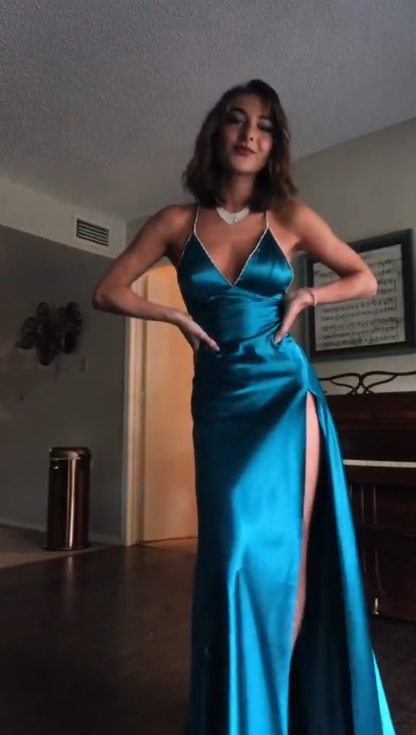 Classy Spaghetti Straps Blue Satin Beaded A Line Slit Long Wedding Guest Dress Evening Gown D1588