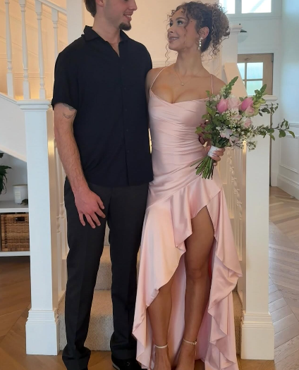 Elegant Spaghetti Straps Pink Satin Mermaid Party Dress Long Wedding Guest Dress D1325