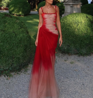 Pretty Spaghetti Straps Tulle Pleated Beaded Mermaid Prom Dress Formal Party Gown D1024