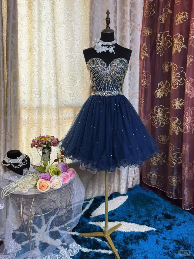 Sparkly Sweetheart Neck Blue Tulle Beaded A Line Short Prom Dress Formal Homecoming Dress D316
