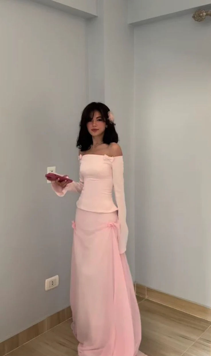 Sweet Two Piece Off The Shoulder Pink Satin Chiffon Mermaid Prom Dress Formal Party Dress D957