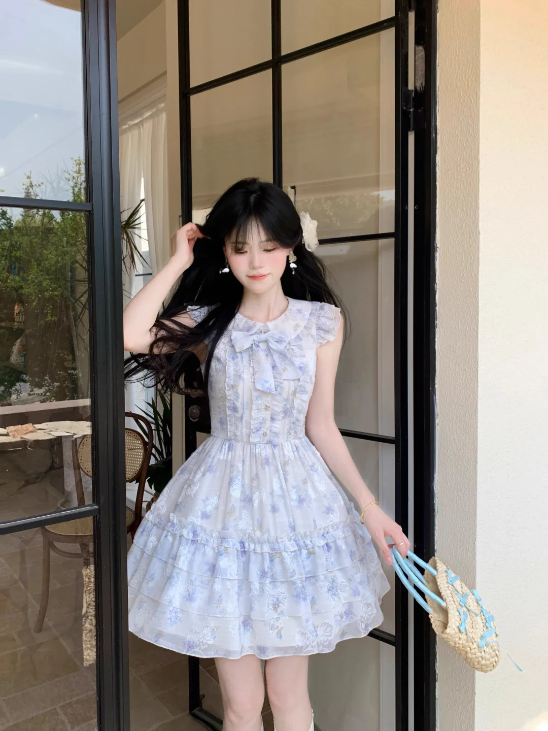 Cute Blue Chiffon Print Floral A Line Short Birthday Outfits Formal 7th Grade Homecoming Dress D104