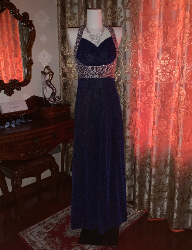 Pretty Halter Navy Blue Sequin Beaded Mermaid Long Evening Dress Birthday Party Dress D1723