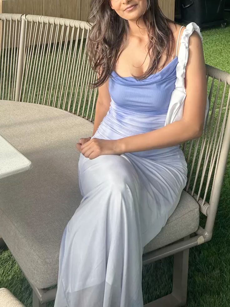 Chic Spaghetti Straps Ombre Blue Chiffon Mermaid Evening Gown Formal Wedding Guest Dress D1026