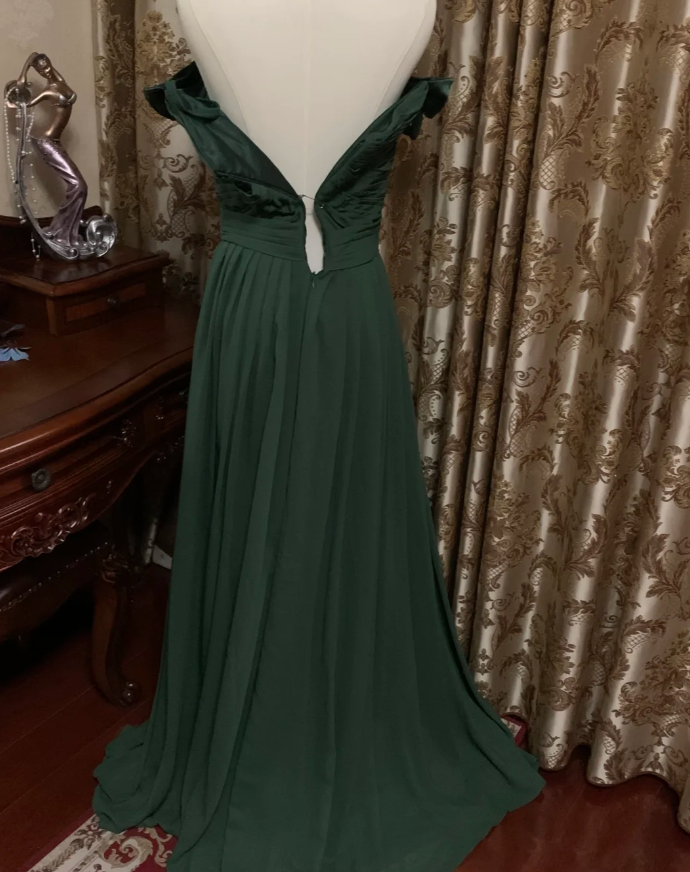 Vintage Green Off The Shoulder Satin Pleated Long Wedding Guest Dress Party Dress Prom Gown D1778