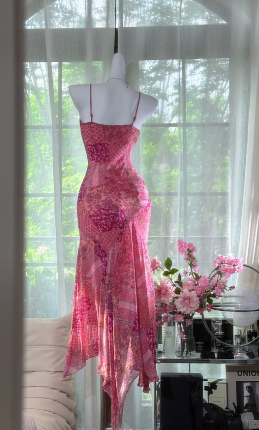 Unique Pink Spaghetti Straps Chiffon V Neck Mermaid Party Dress Long Prom Dress D978