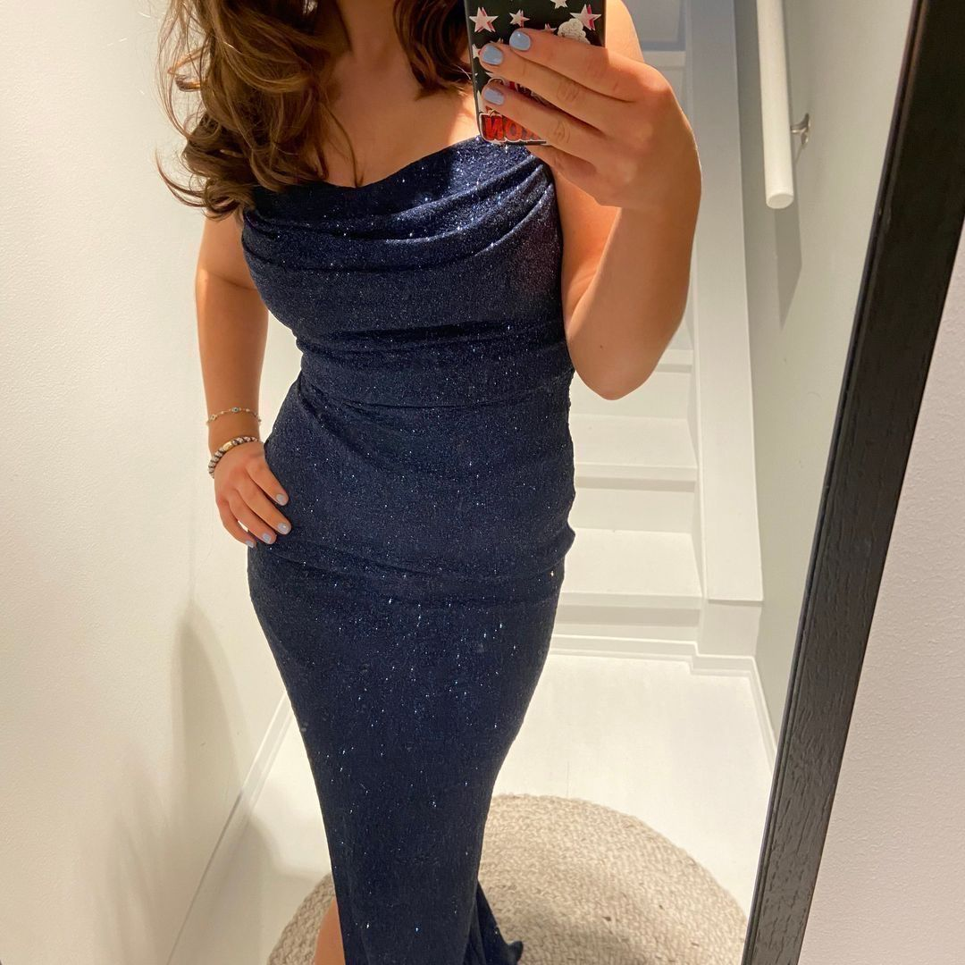 Charming Spaghetti Straps Navy Blue Satin Sequin Sheath Long Wedding Guest Dress Party Dress D1595