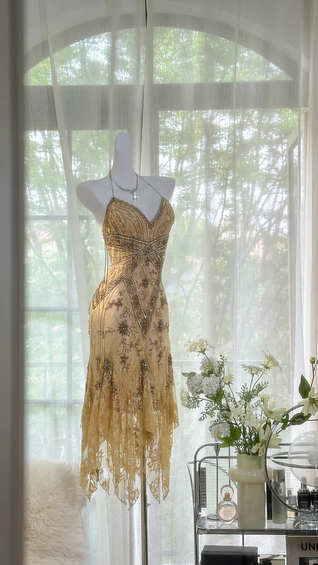 Vintage Spaghetti Straps Lace Sequin Mermaid Evening Dress Long Prom Dress S726