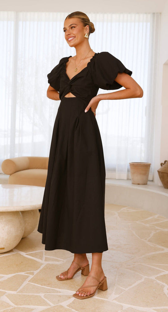 Sweetheart Puff-Sleeve Twist-Front Cut-Out Midi Dress 4