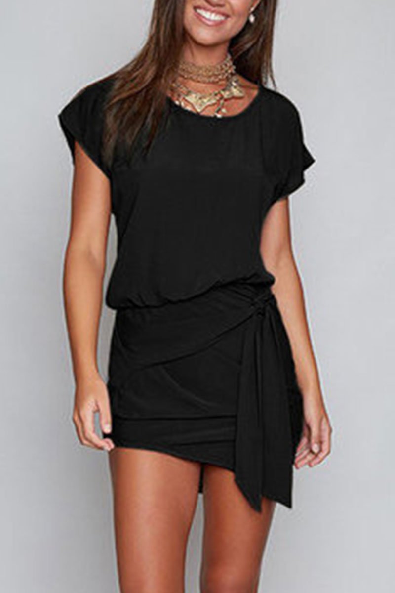Florcoo Short Sleeve Belt Mini Dress