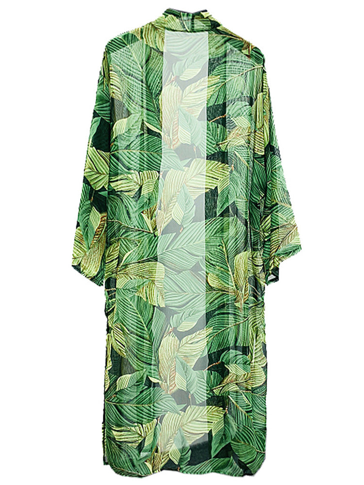 Picnic Partywear Leaf Print Green Color Polyester Long Length Gown Kimono Duster Robe - Fashionpara