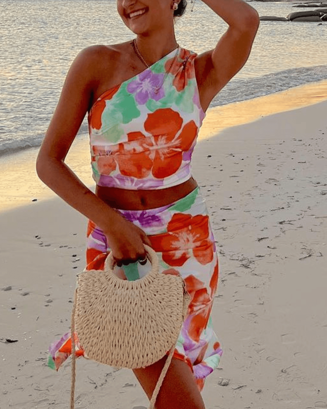 One Shoulder Crop Top and Slit Ruffle Maxi Skirt Set - Fashionpara