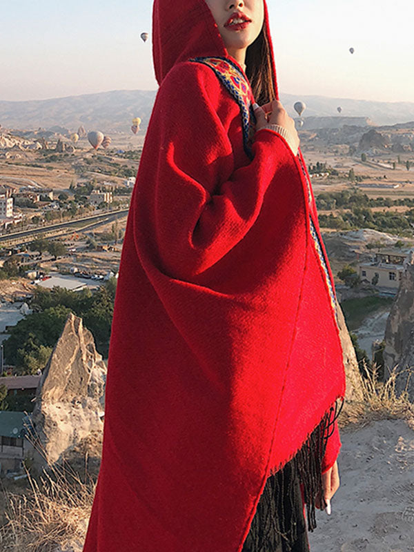 Splicing Red Shawl Cardigan with Hooded 2