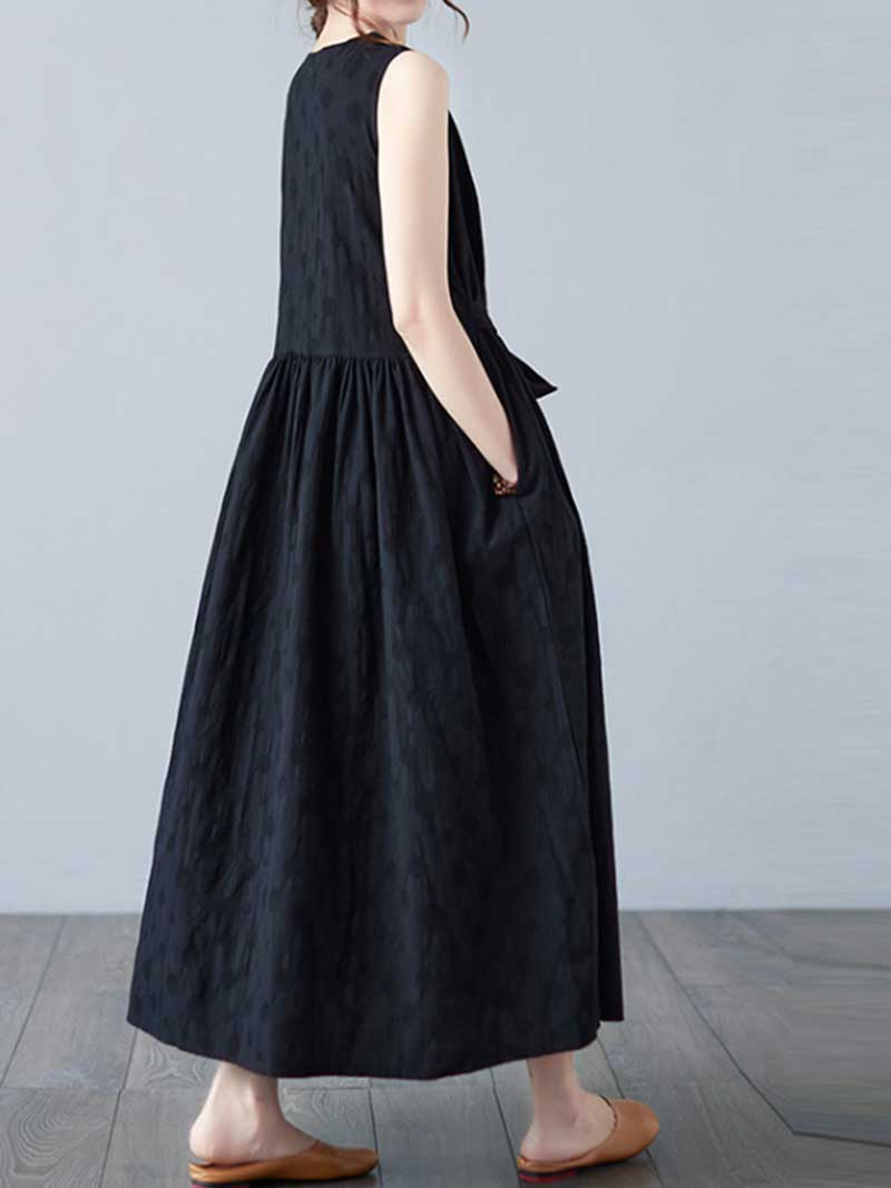 Textured Jacquard V-Neck Sleeveless Pleated A-Line Midi Dress 4