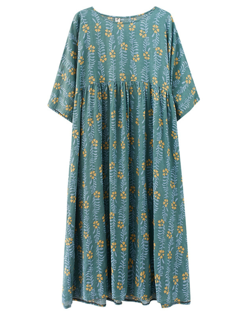 women summer loose round neck print short-sleeved plus size mid-length smocked dress - Fashionpara