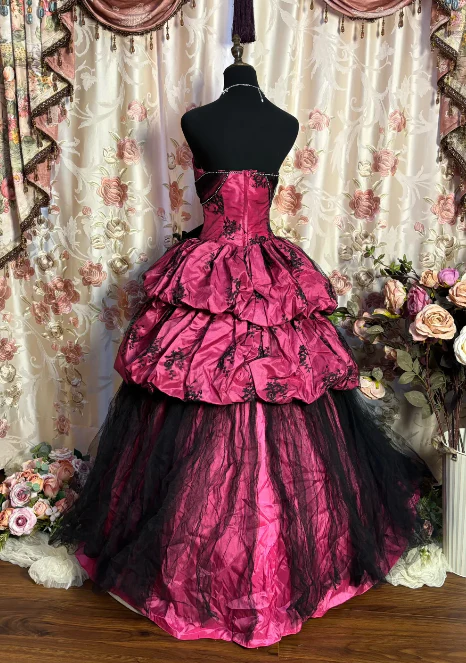 Vintage Sweetheart Neck Hot Pink Tulle Satin Layered Ball Gown Formal Quinceanera Dress With Bow D1045