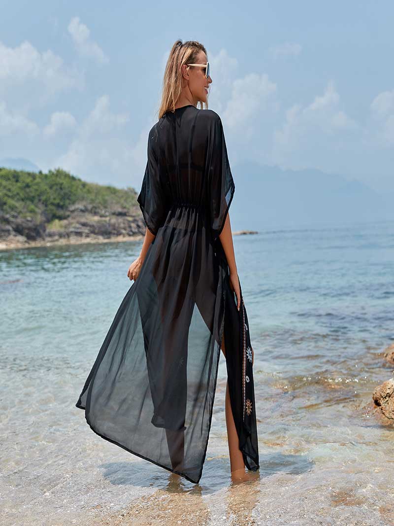 Partywear Embroidered Black Color Chiffon Long Length Gown Kimono Duster Robe - Fashionpara