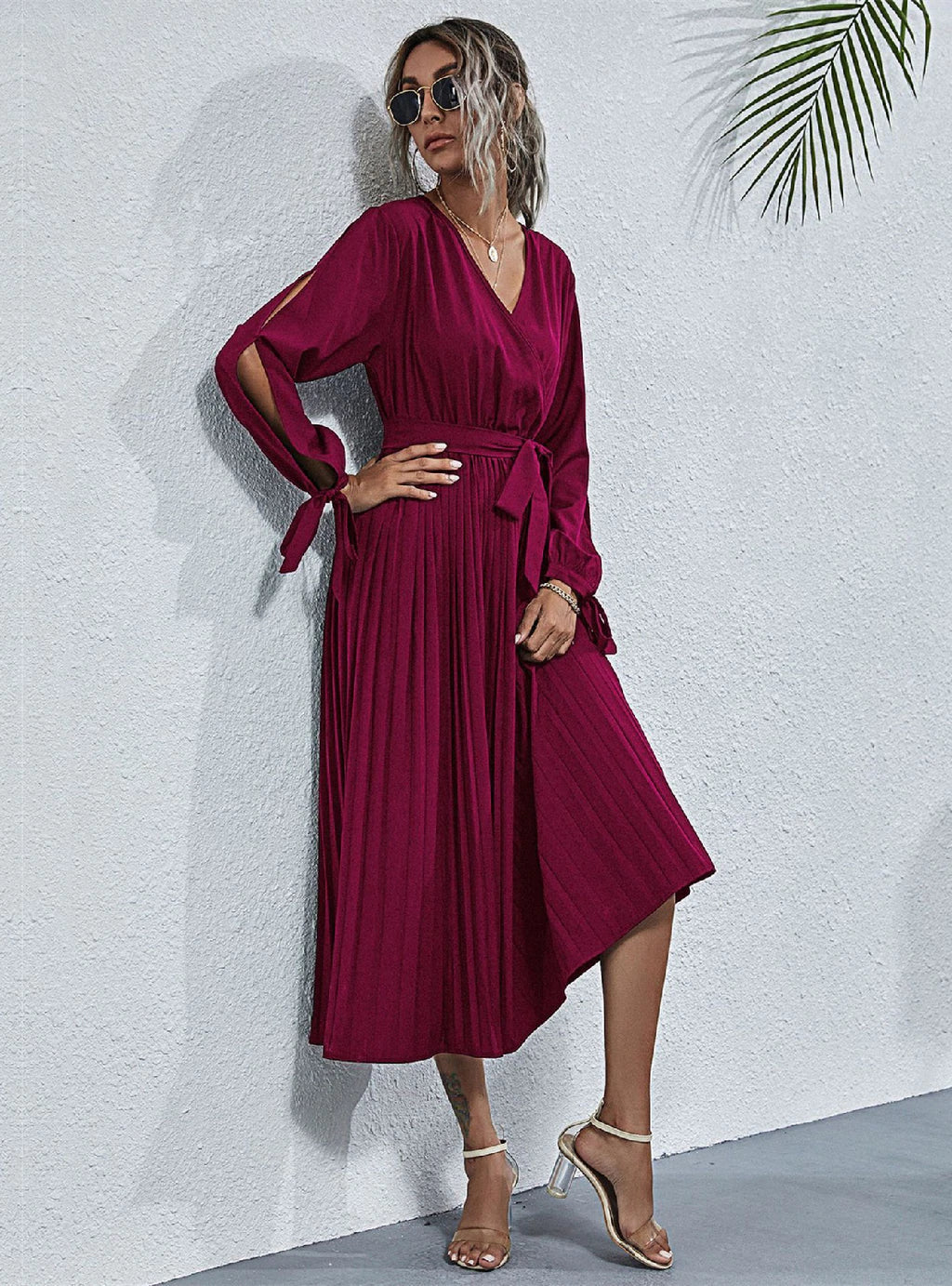 Surplice V-Neck Split-Sleeve Pleated Wrap Midi Dress 4